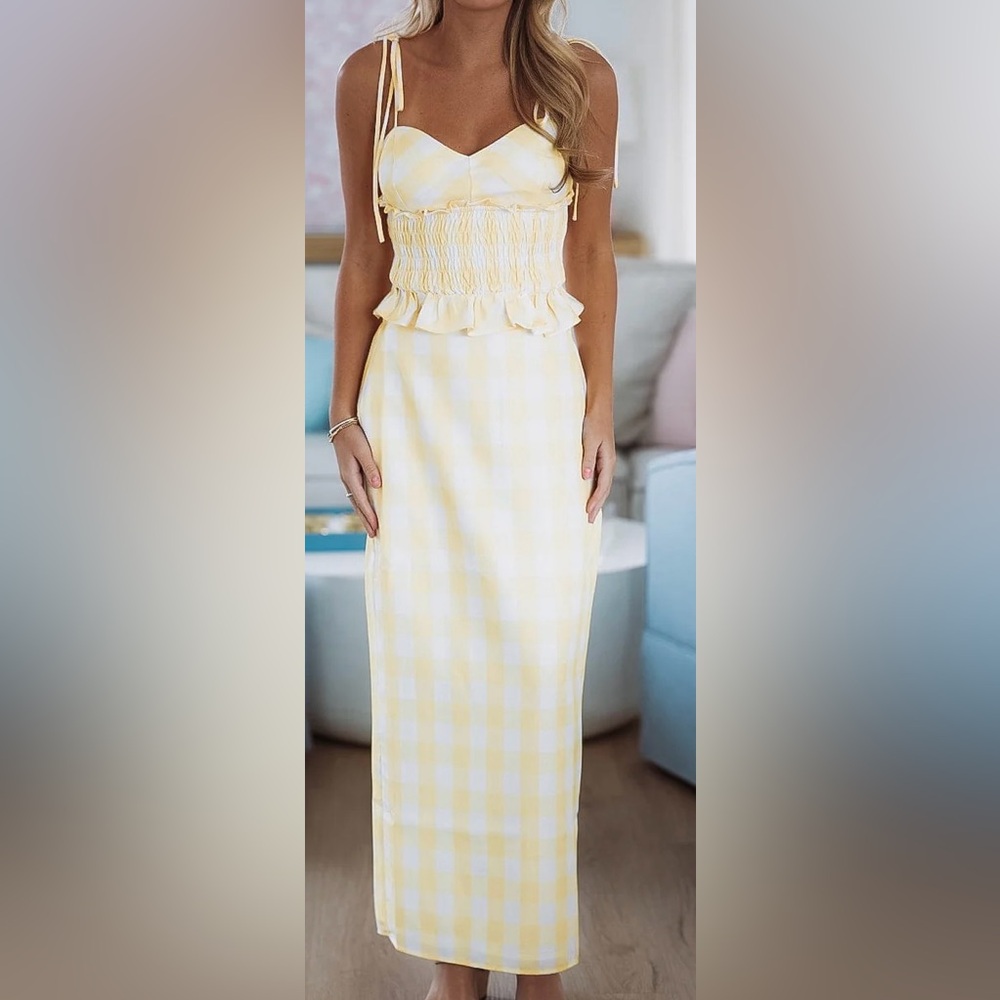 Hazel & Olive Yellow and White Checkered Midi Skirt and Smocked Top Set